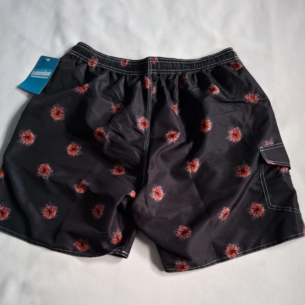 Scotamalone Men's Floral Swim Trunks Black/Red Drawstring Pockets Size L